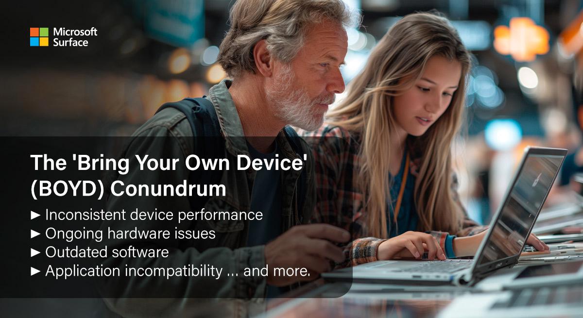 Text on screen says 'The Bring Your Own Device (BYOD) Conundrum' with a picture of a father and daughter using a school laptop.